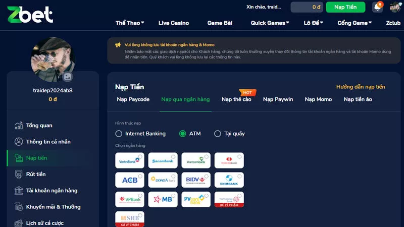 Thao tác nạp tiền Zbet vào tài khoản chơi game