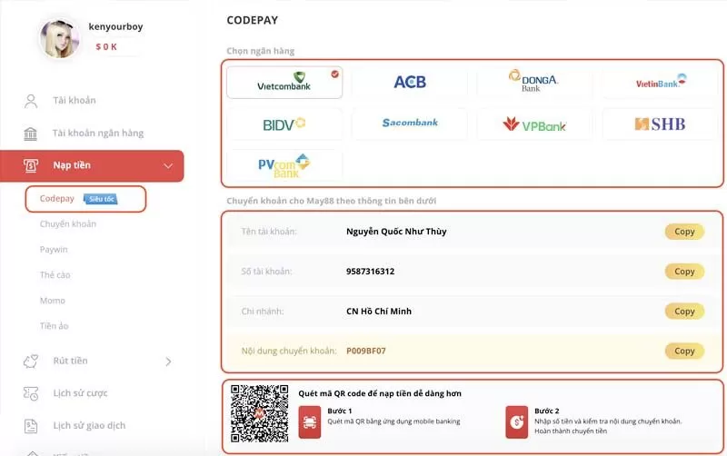 Nạp tiền May88 qua Codepay