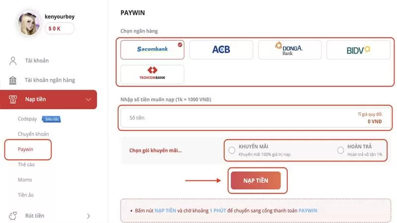 Nạp tiền nhà cá bằng Paywin nhanh gọn